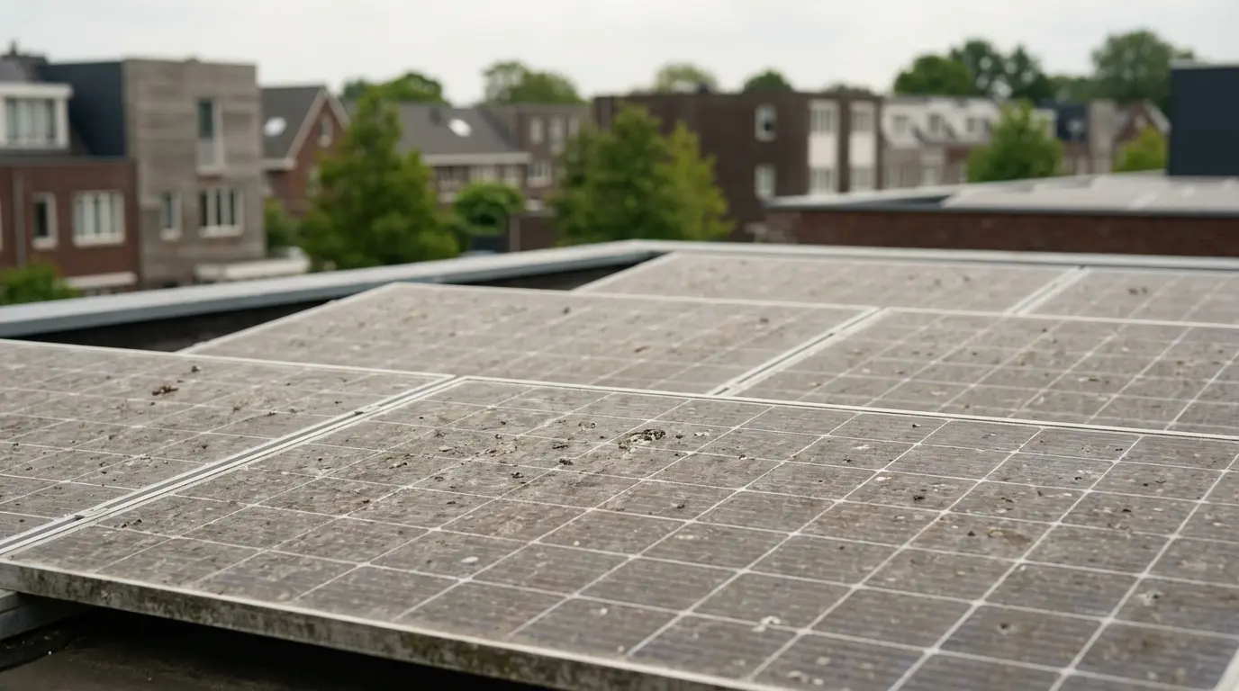 Vervuilde zonnepanelen met aanslag die de opbrengst verlaagt