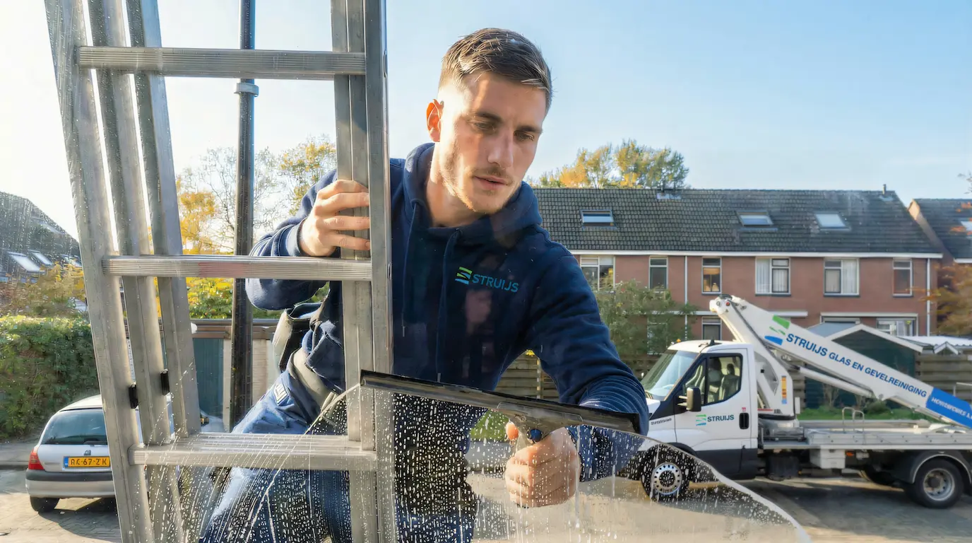 Glazenwasser van Struijs aan het werk aan een gevel in Zuid-Holland