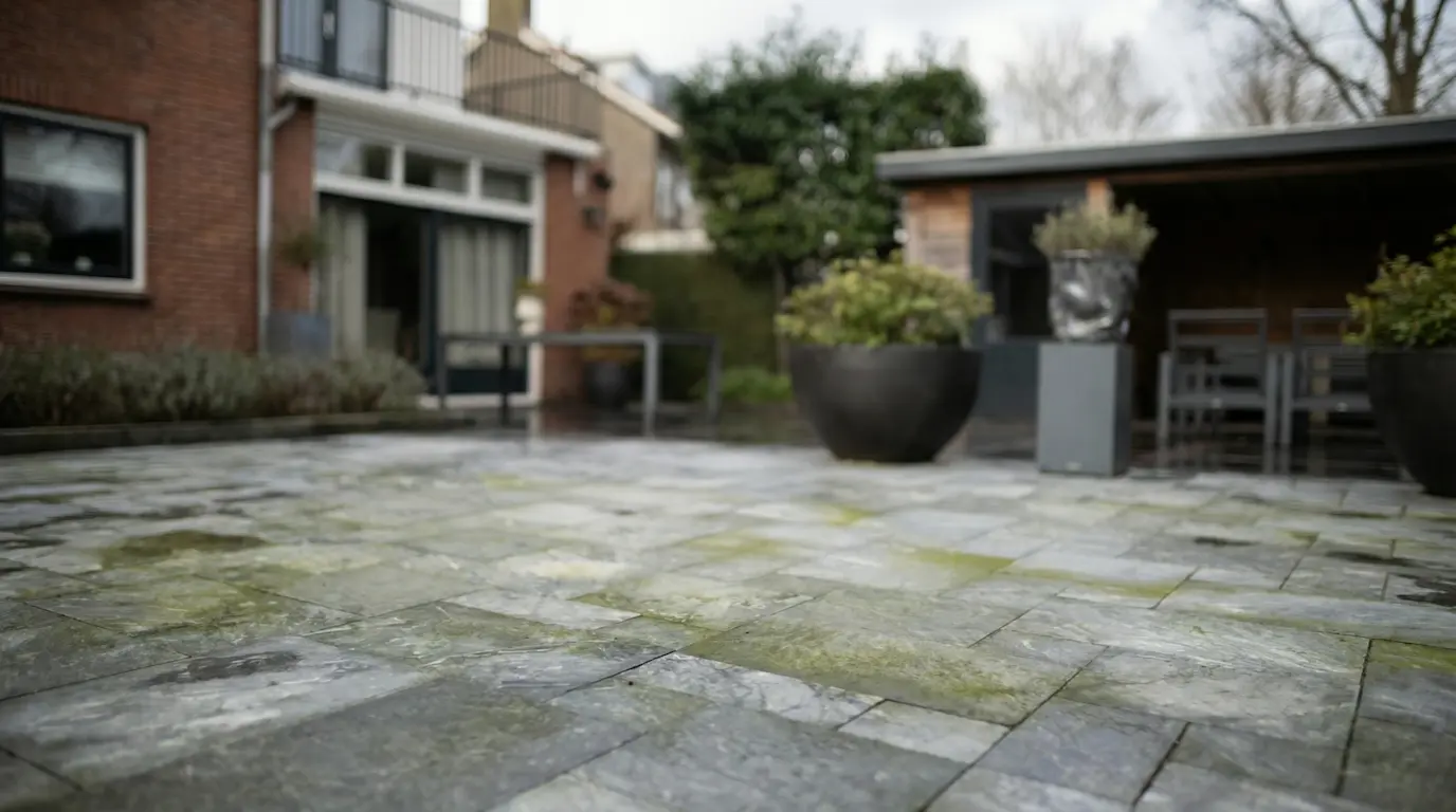 Gevel met groene aanslag en algen voor de softwash-behandeling